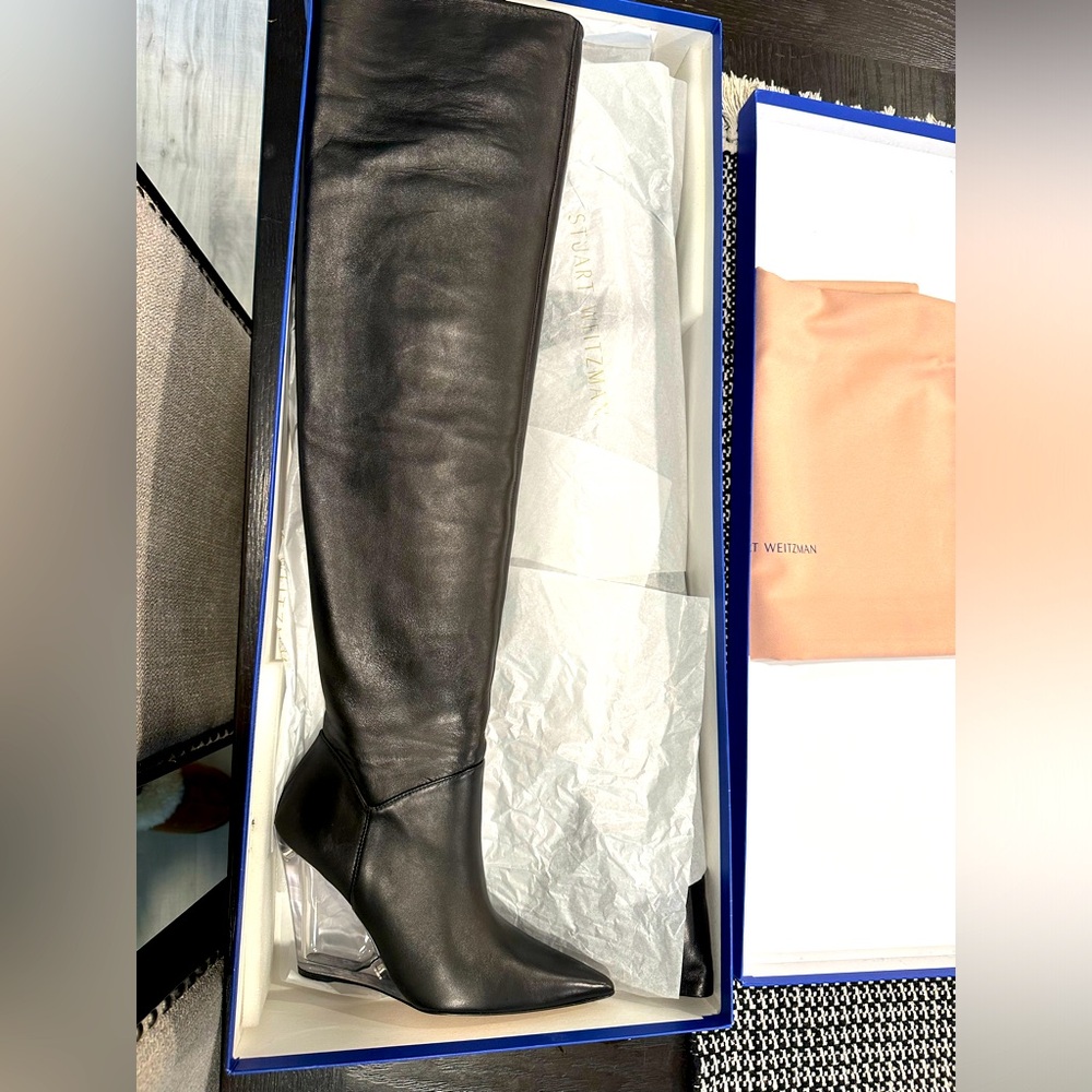 Thigh high, clear wedge heel, never worn.  #freeshipping